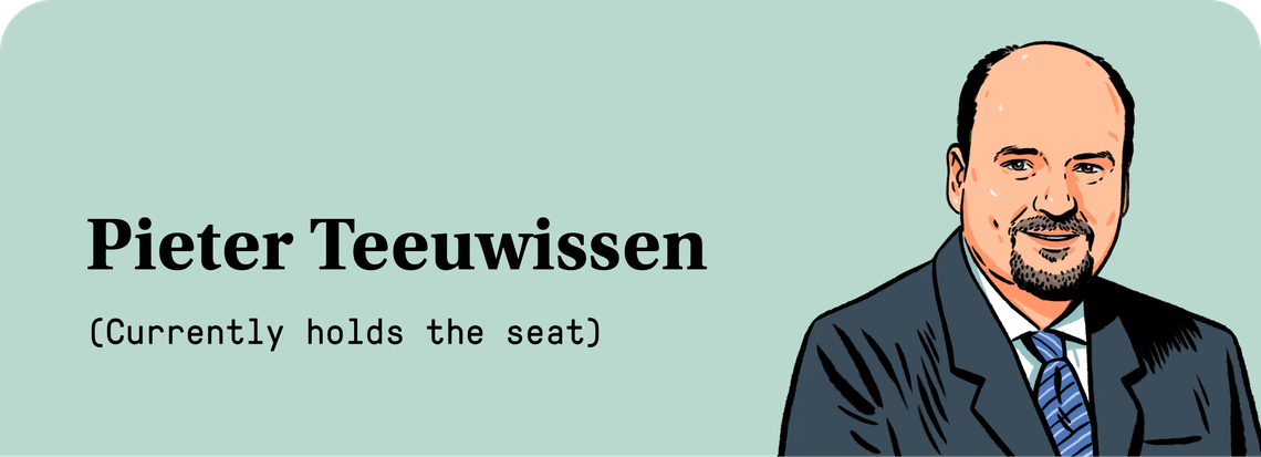 An illustration of Pieter Teeuwissen, a White man with dark gray goatee, wearing a suit and tie. 