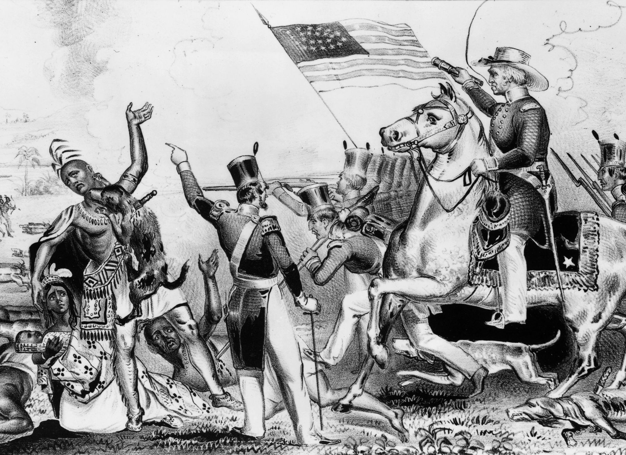 During the Second Seminole War (1835-1842), the United States military used Cuban bloodhounds to force the Seminole Indians from central Florida to west of the Mississippi River, as seen in an 1848 lithograph.