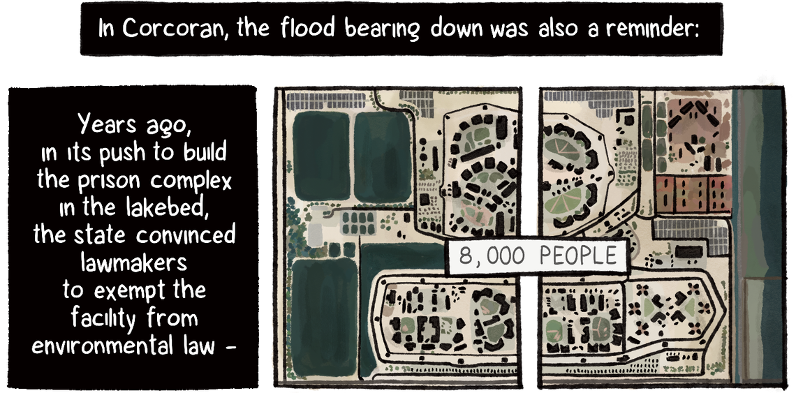 An aerial map of the two-prison complex in Corcoran that’s home to 8,000 people. It was exempted from environmental law when it was first built in the lakebed.
