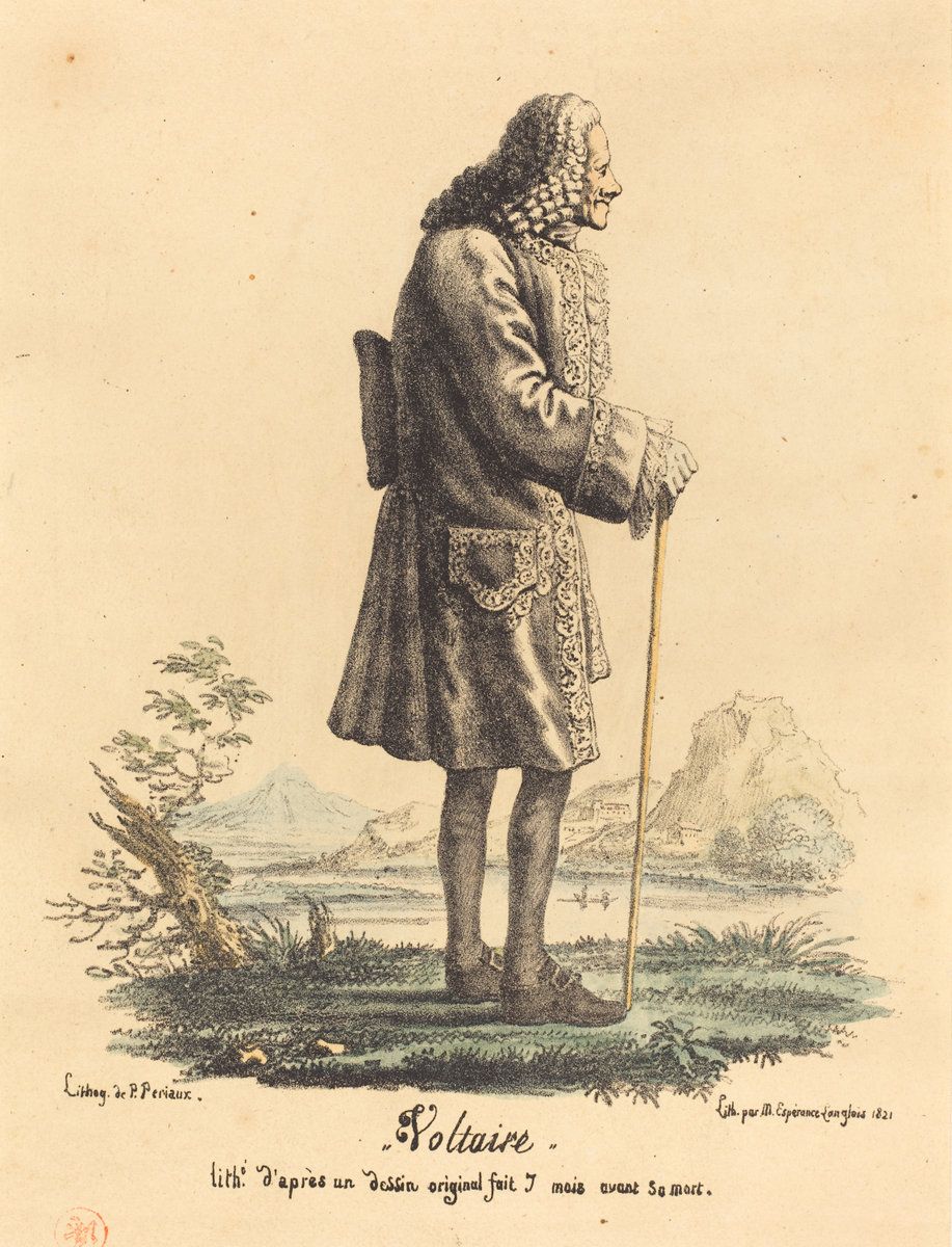 A 1821 print depicting the writer Voltaire. 