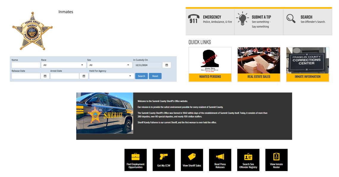 Clockwise from top left, the Medina County Sheriff’s Office online lookup shows a sheriff’s star, and fields to look up a detainee’s name, race, sex, release date and more; Franklin County’s lookup shows quick links including detainee information; and the Summit County Sheriff’s Office page shows a link to view the detainee roster. 
