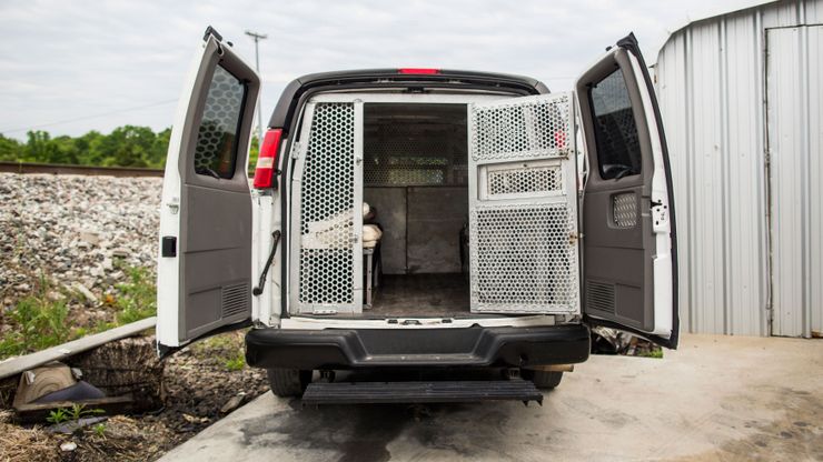 A former Prisoner Transportation Services of America van at an automotive repair shop in Smyrna, Tenn., in 2016. 