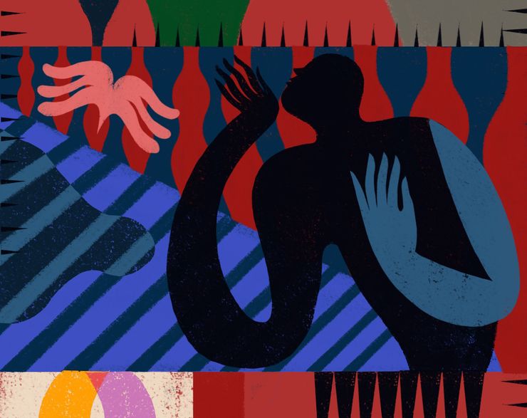 An illustration shows a person in black and blue colors, standing in front of a backdrop of prison bars, a bird, and figures that could be construed as the friends of the main figure.  There are some spikes along the edge of parts of the illustration.  