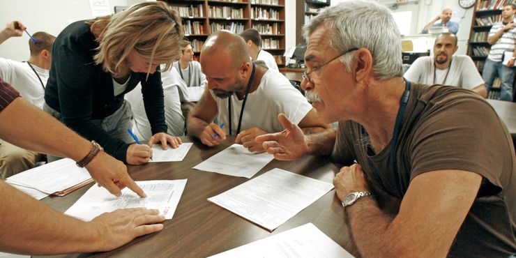 Prisoners at the Marble Valley Regional Correctional Facility in Rutland, Vermont, register to vote in 2008.  Only two states, Vermont and Maine, allow everyone in prison to vote.