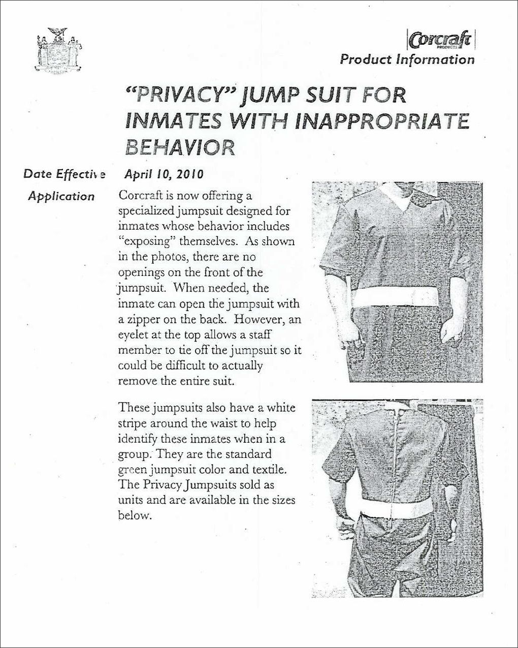 A 2010 product spec sheet for an earlier version of the privacy suit distributed by Corcraft, a division of the New York State Department of Corrections and Community Supervision. 