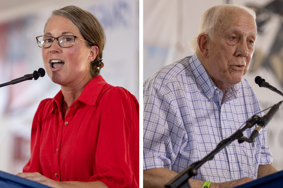 A photo diptych shows a middle-aged White woman with glasses and a red blouse speaking at a podium and an older White man with light gray hair and a blue patterned button-down shirt speaking at a podium. 