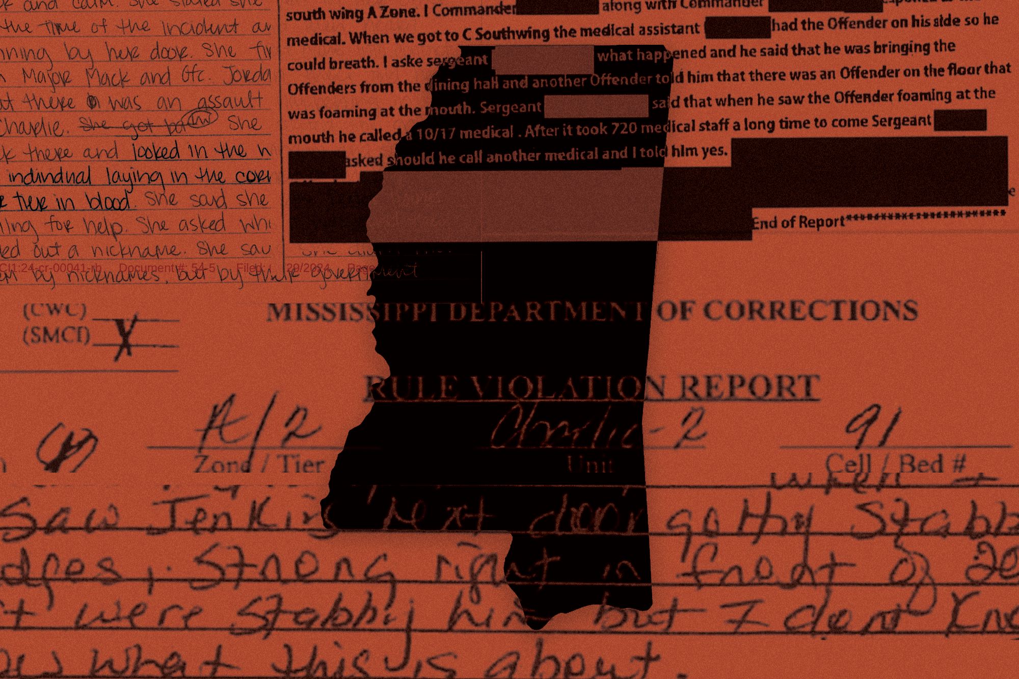 A black and orange collage illustration shows the shape of Mississippi layered on top of excerpts of court documents and prison records. 
