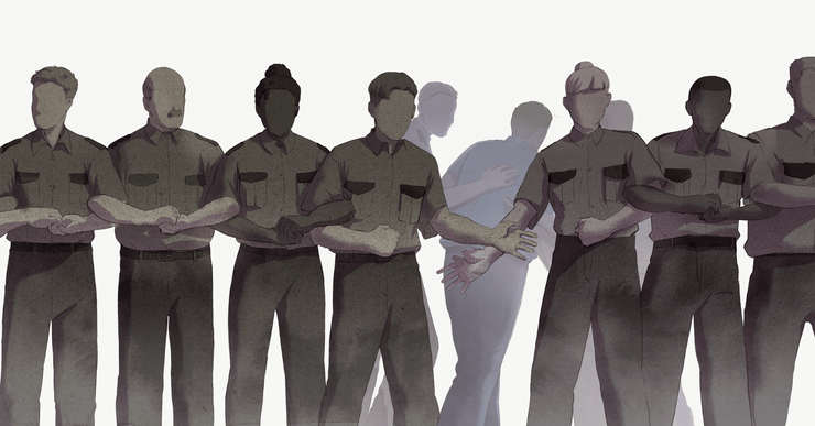 An illustration shows a line of correctional officers with their arms linked, in shades of gray,  There's an opening in the line, which shows a correctional officer being protected and escorted away by two other officers, in shades of blue and purple.  