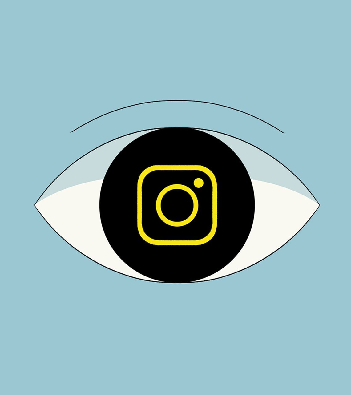 A mostly blue-colored illustration shows the Instagram logo of a camera icon in yellow within a closeup of an eye.