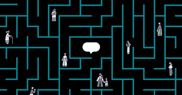 An illustration shows a maze made up of teal blue lines, on a black background. Interspersed in the maze are nine simplified figures of people of different genders and ages. In the center of the maze is a white speech bubble.