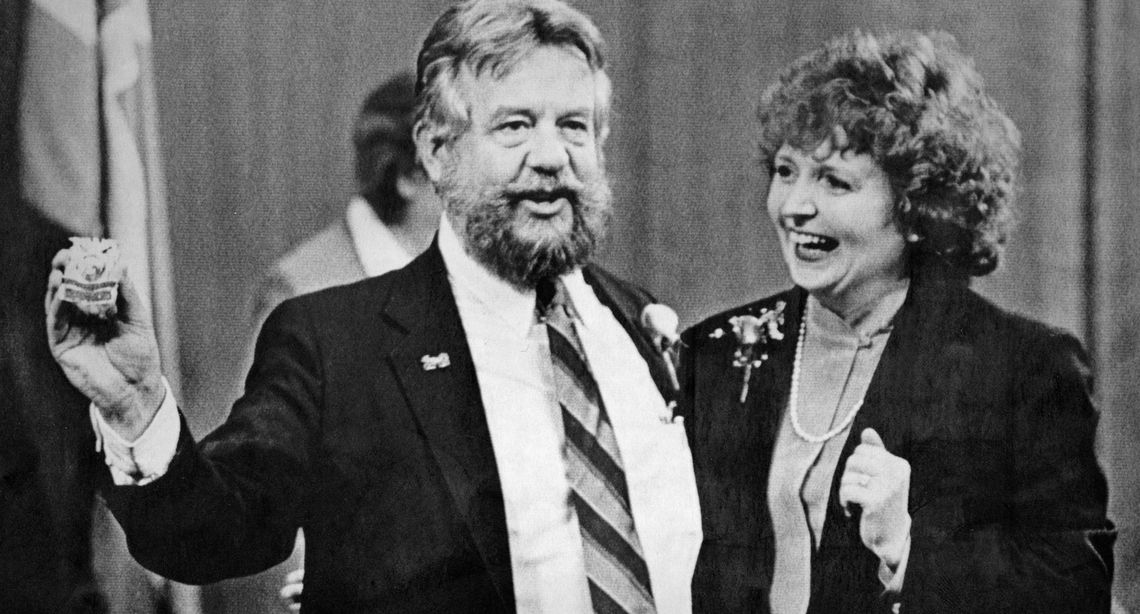 Portland Mayor Bud Clark presents a badge to new city police chief Penny Harrington at her swearing-in ceremony in Portland, Ore., in 1985. 