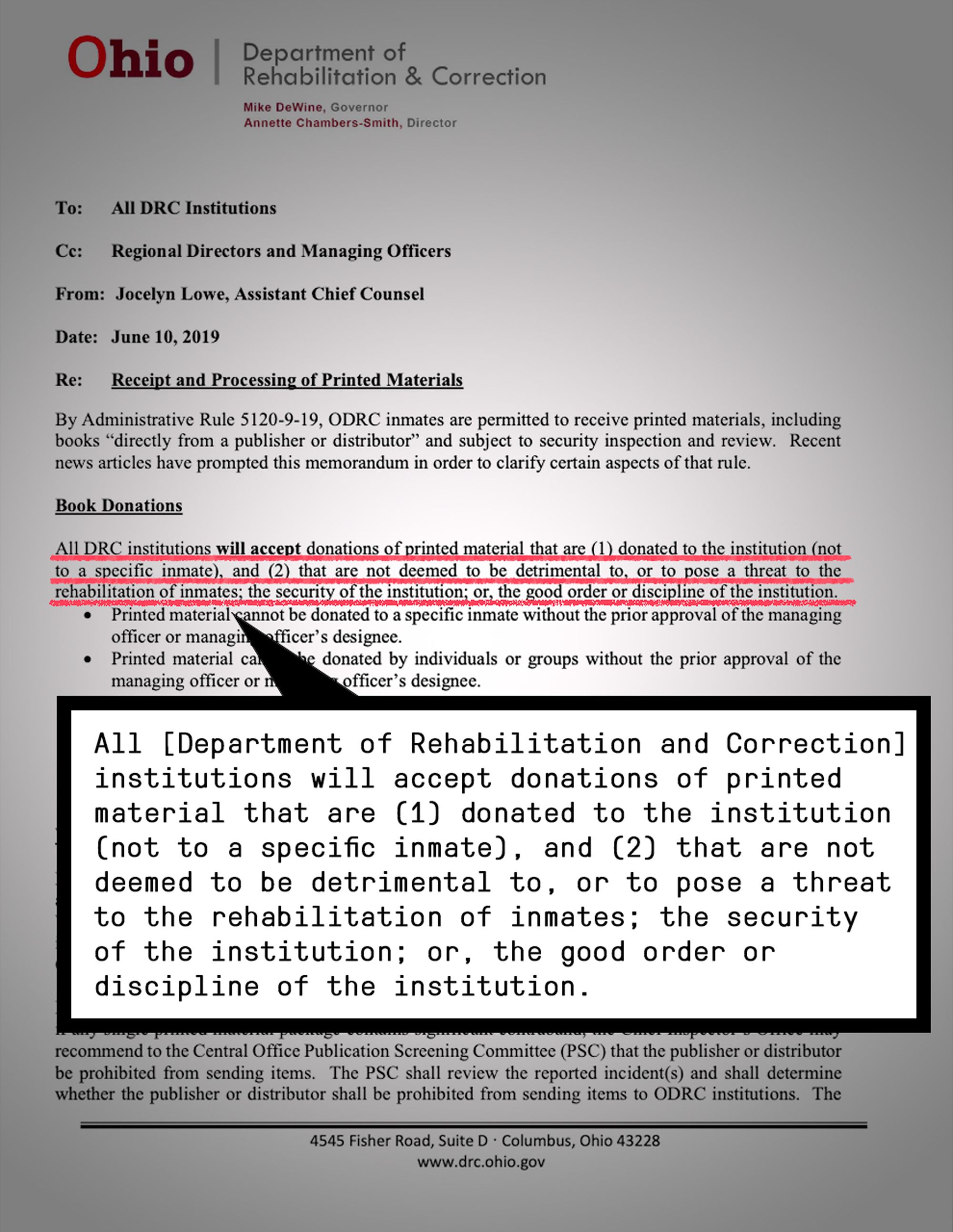 Policy memo with highlighted text that reads: “All Department of Rehabilitation and Correction institutions will accept donations of printed material that are (1) donated to the institution (not to a specific inmate), and (2) that are not deemed to be detrimental to, or to pose a threat to the rehabilitation of inmates; the security of the institution; or, the good order of discipline of the institution.”