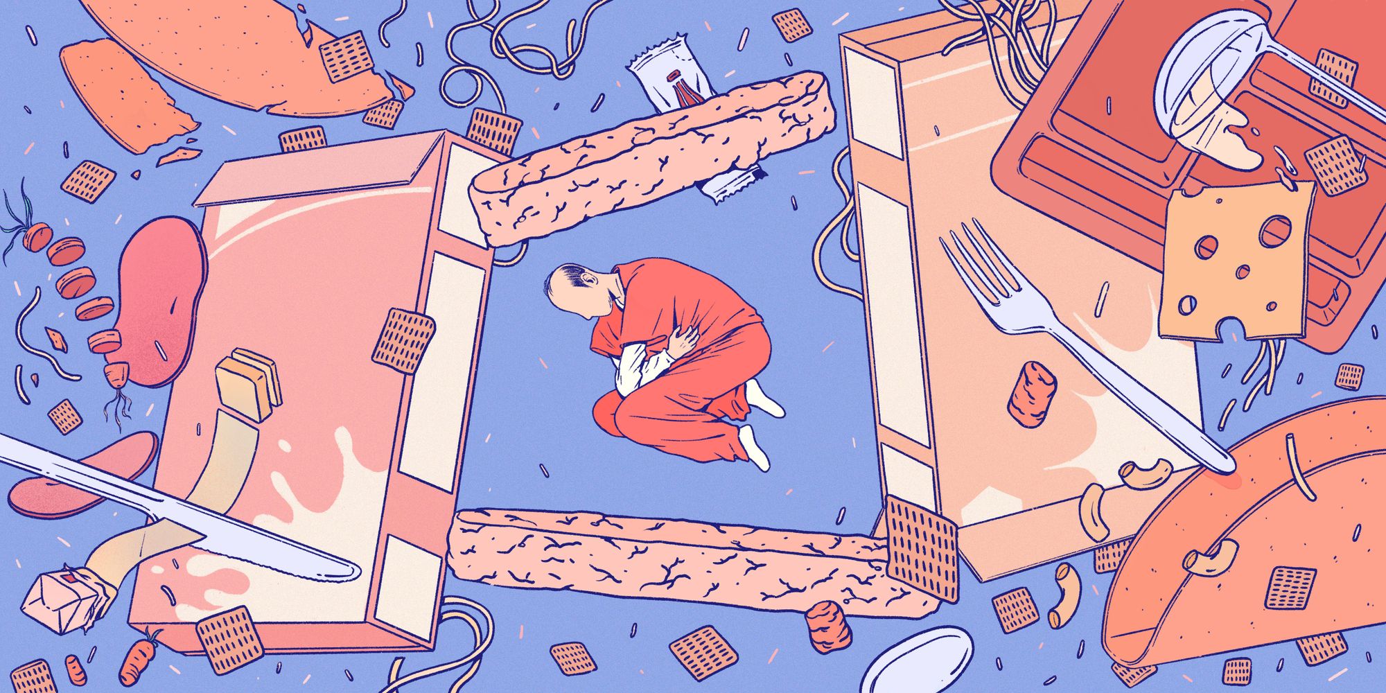 An illustration with a periwinkle blue background shows, at center, an incarcerated person in a coral uniform curled up holding his stomach. Surrounding him are giant examples of different kinds of food in shades of orange, coral and peach, including boxes of cereal, a carrot, ham, a taco shell, a slice of cheese, and ketchup. A fork, knife and cafeteria tray also float nearby.  