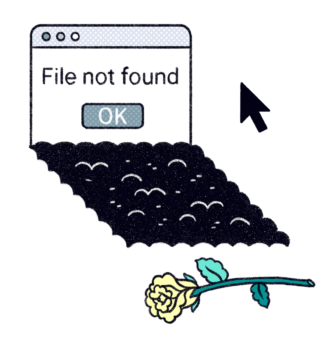 A small illustration shows a grave, where instead of a tombstone there is a small computer window that says, “File not found” above a button that says, “OK.” A yellow rose lies in front of the grave. 