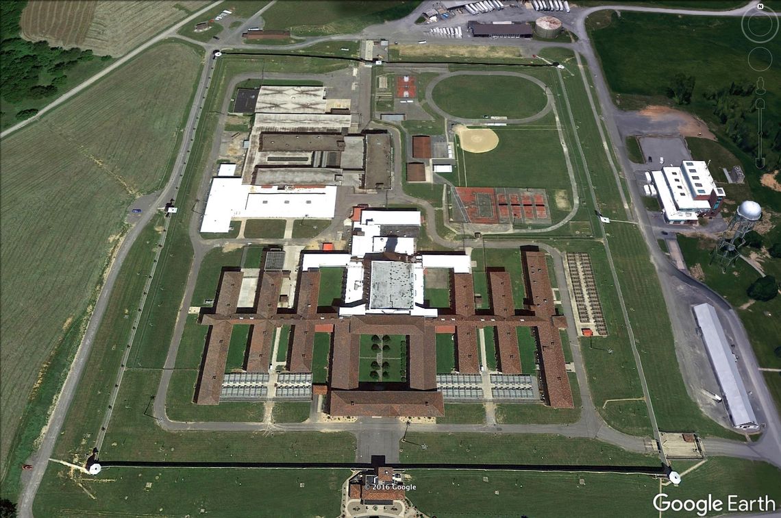 A view of the penitentiary from above. Several of the buildings in the foreground comprise the SMU.