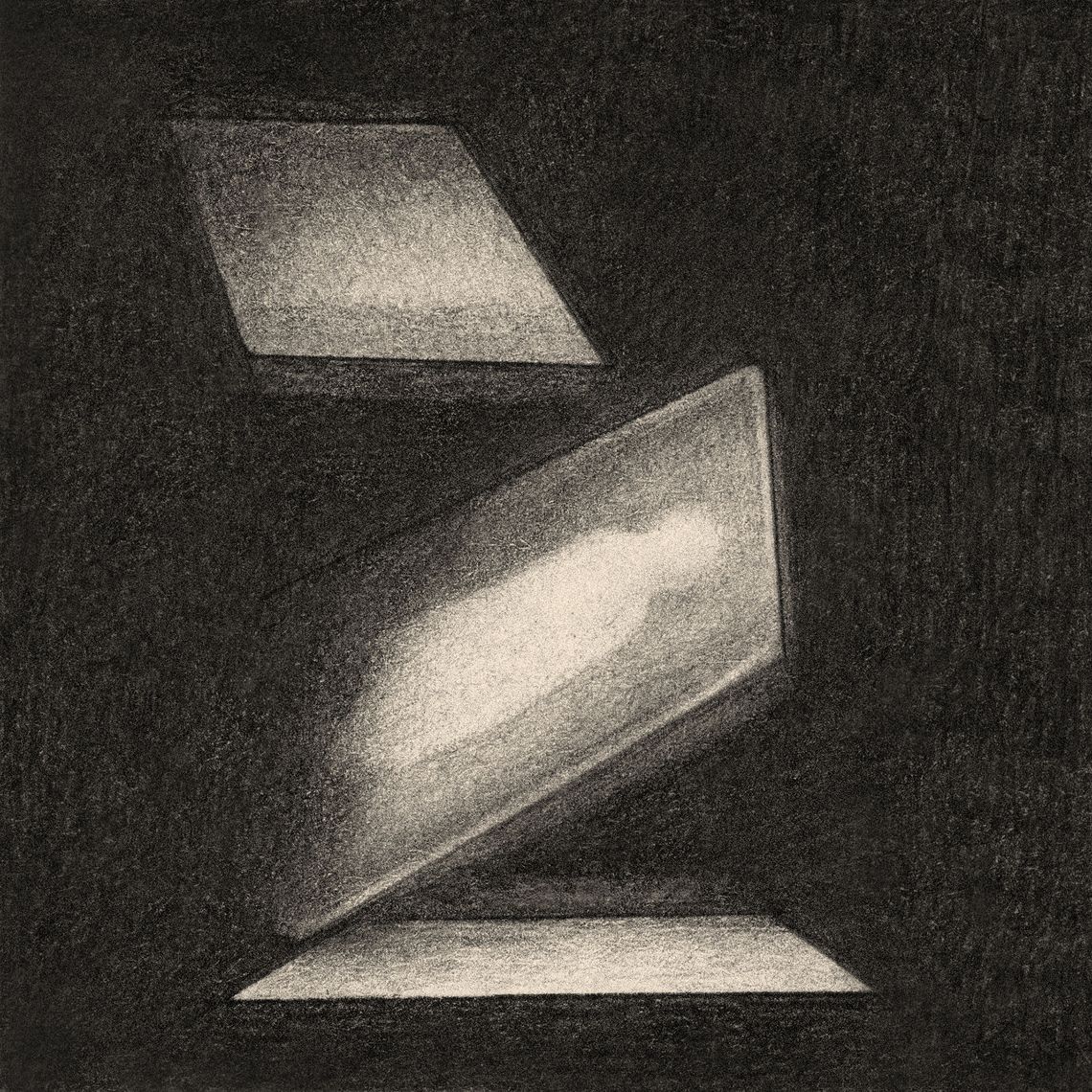 A black-and-white illustration shows two cards falling toward a white square on the floor. One card shows a white silhouette of a person. 