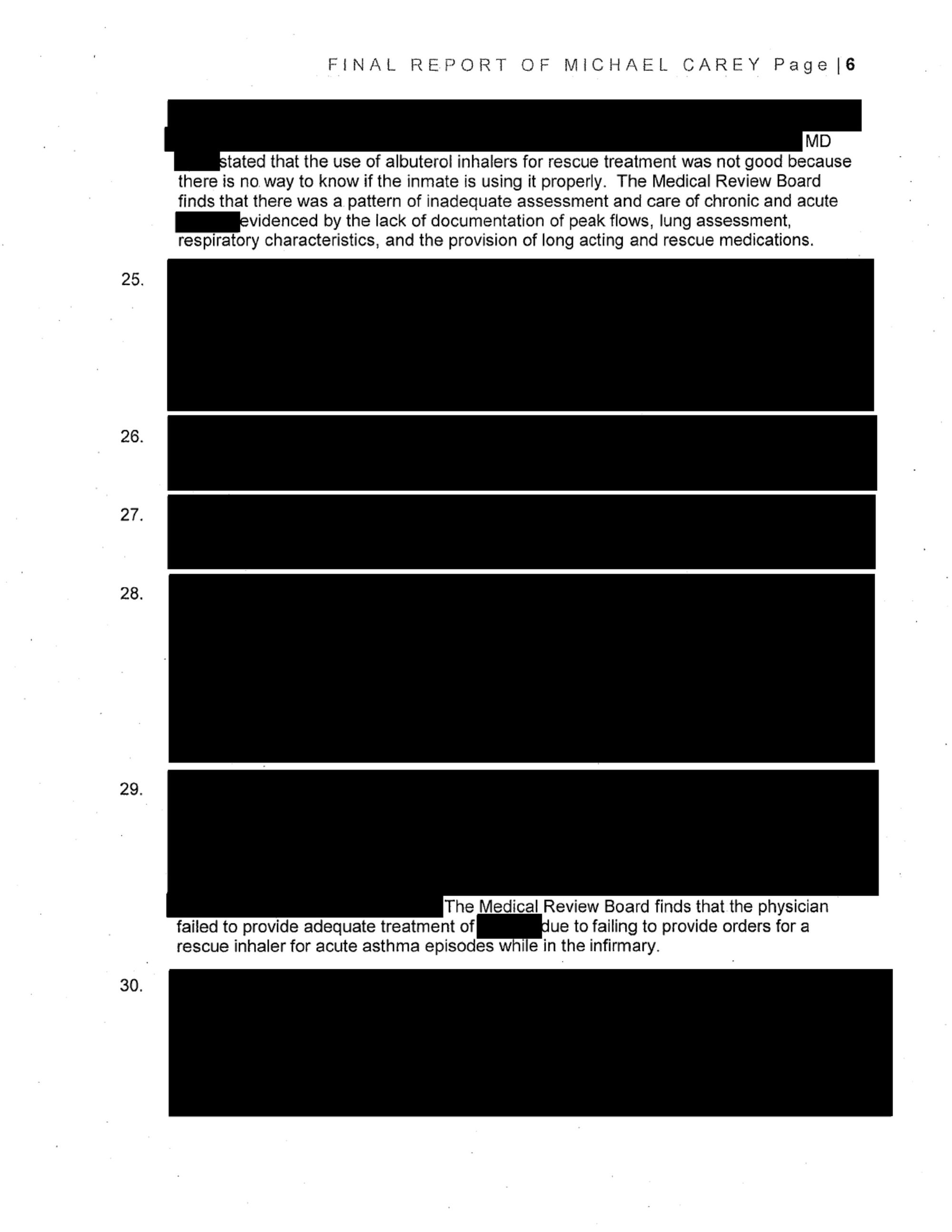 A page of text (number six of nine) in a report on Michael Carey’s death shows redactions in the form of black rectangular blocks over text. 