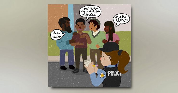 An illustration shows a group of four people standing in front of a police officer taking notes. Three speech bubbles surround the group. 
