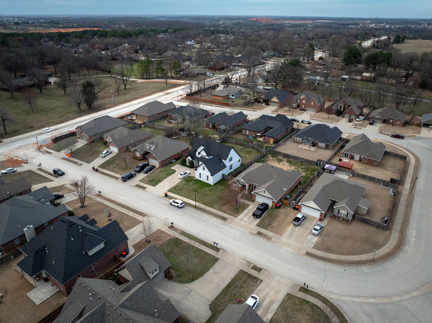 A photo shows an aerial view of a few blocks of houses in Springdale, Arkansas.