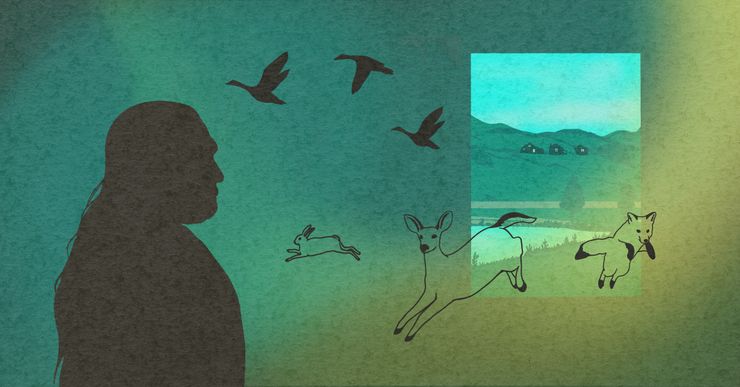 An illustration shows a side-profile silhouette of a long-haired man against a yellow and green gradient background. The man looks toward a window that displays nature and has prairie animals coming out of it.