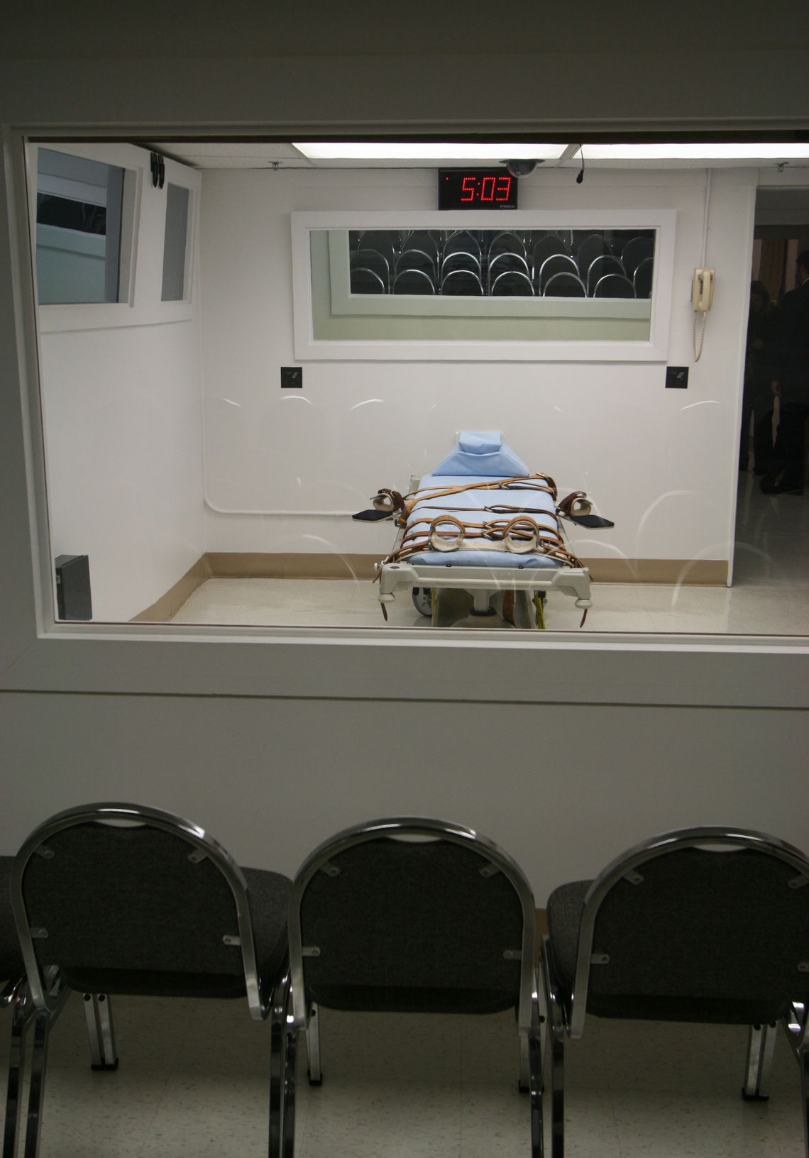 The execution chamber seen through the window of the witness room at Florida State Prison. 