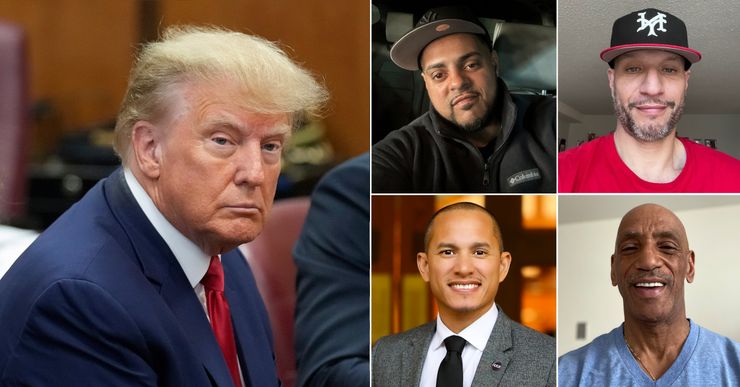 Clockwise from top left: Donald Trump, a White man wearing a dark blue suit and red tie, sits in court with a few other people; Freddy Medina, a man with medium-toned skin; Ariel Beltran, a man with medium-toned skin; Greg Mingo, a Black man; and Khalil Cumberbatch, a man with medium-toned skin.  