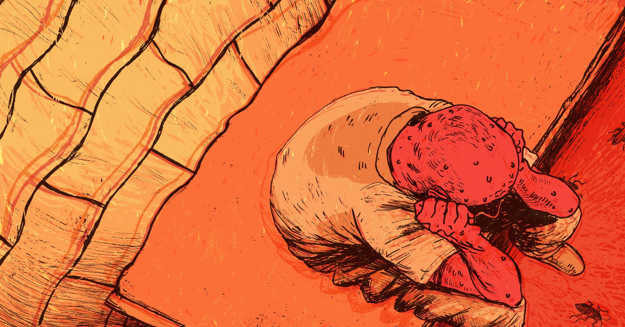 An orange illustration shows a bird’s-eye view of a person in a prison uniform sitting on the edge of a bed, leaning their head on their hands, covered in beads of sweat. The wall is wavy as if from heat and there are cockroaches on the floor.