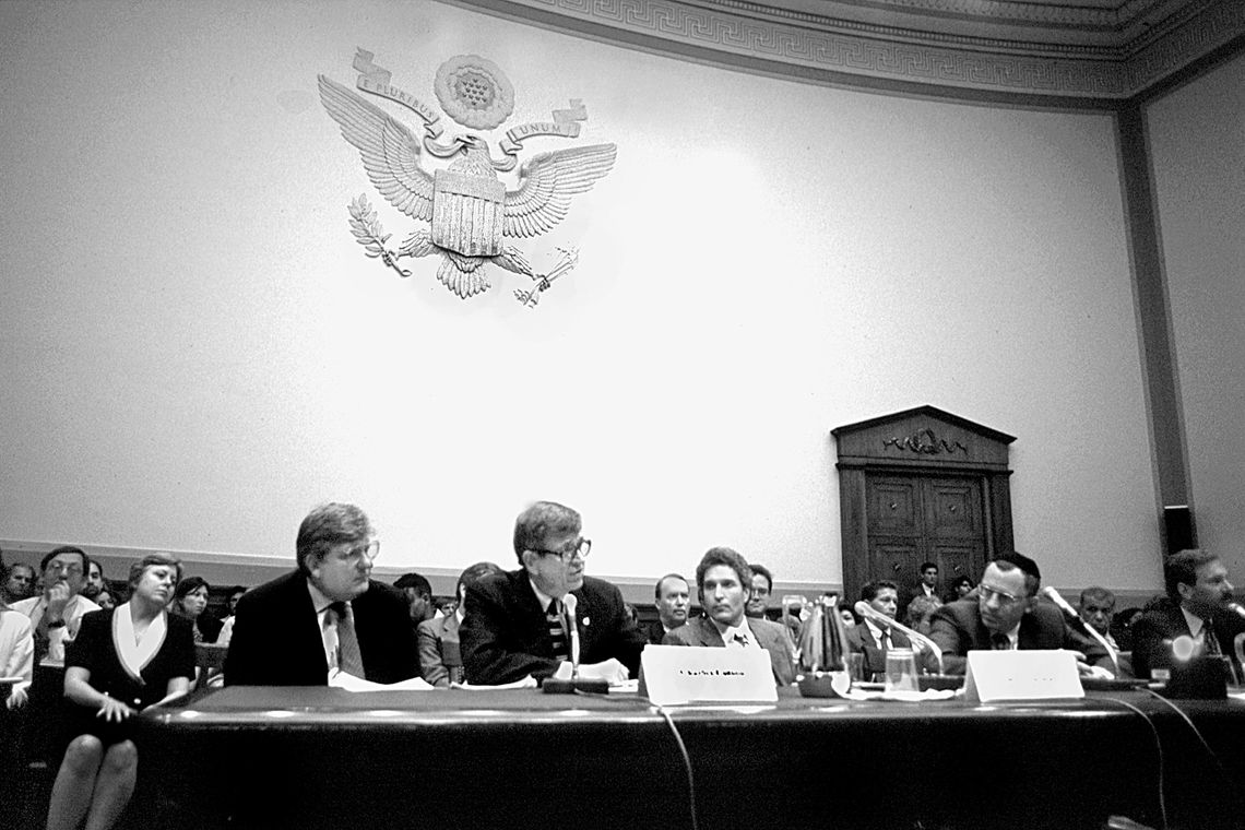 Pat Nolan, left, with Chuck Colson testify before the House Judiciary Committee on the Prison Rape Elimination Act in 2003. 
