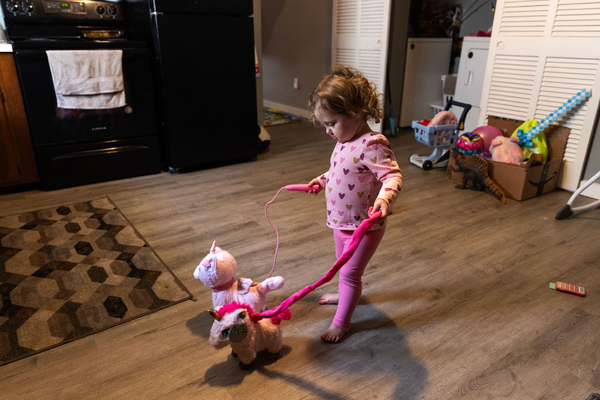 A photo of a White toddler in a pink outfit walking a toy cat and a toy unicorn.