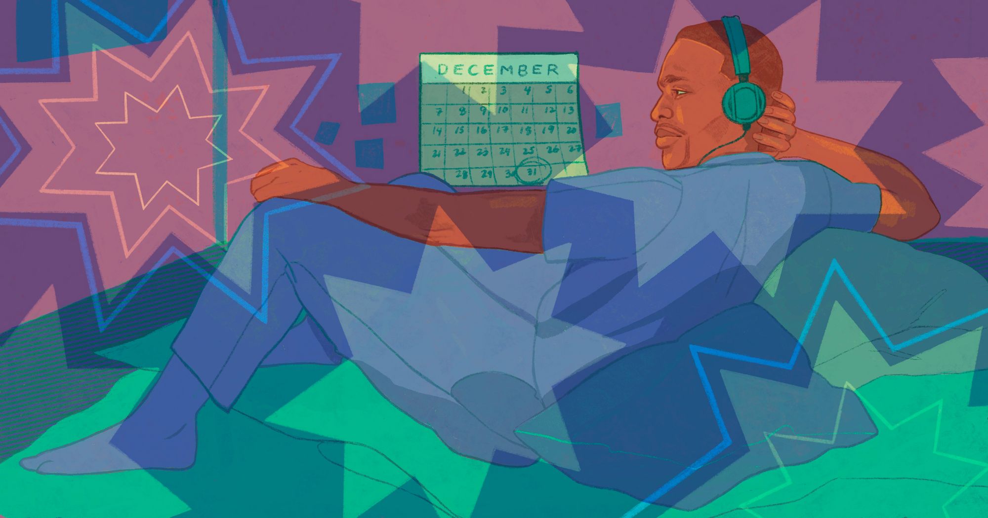An illustration with blue, green, purple and pink tones shows pointed shapes and a Black man in a blue jumpsuit listening to music through headphones while lying on a bed. The calendar in front of him shows the month of December with the date of the 31st circled. 