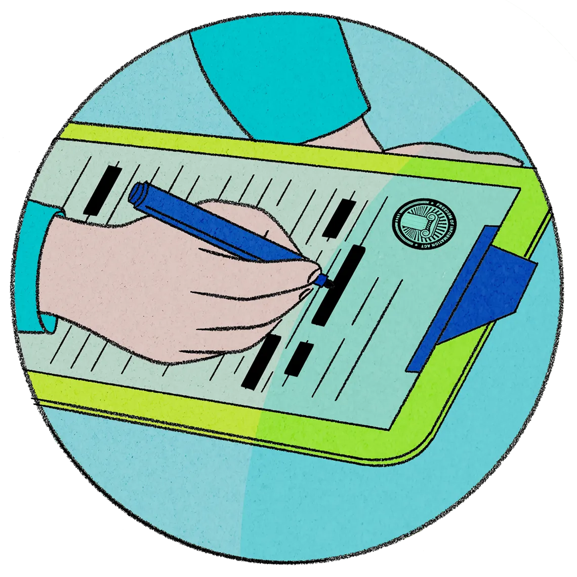 An illustration shows a circle surrounding a scene of a person redacting a document in a clipboard. 