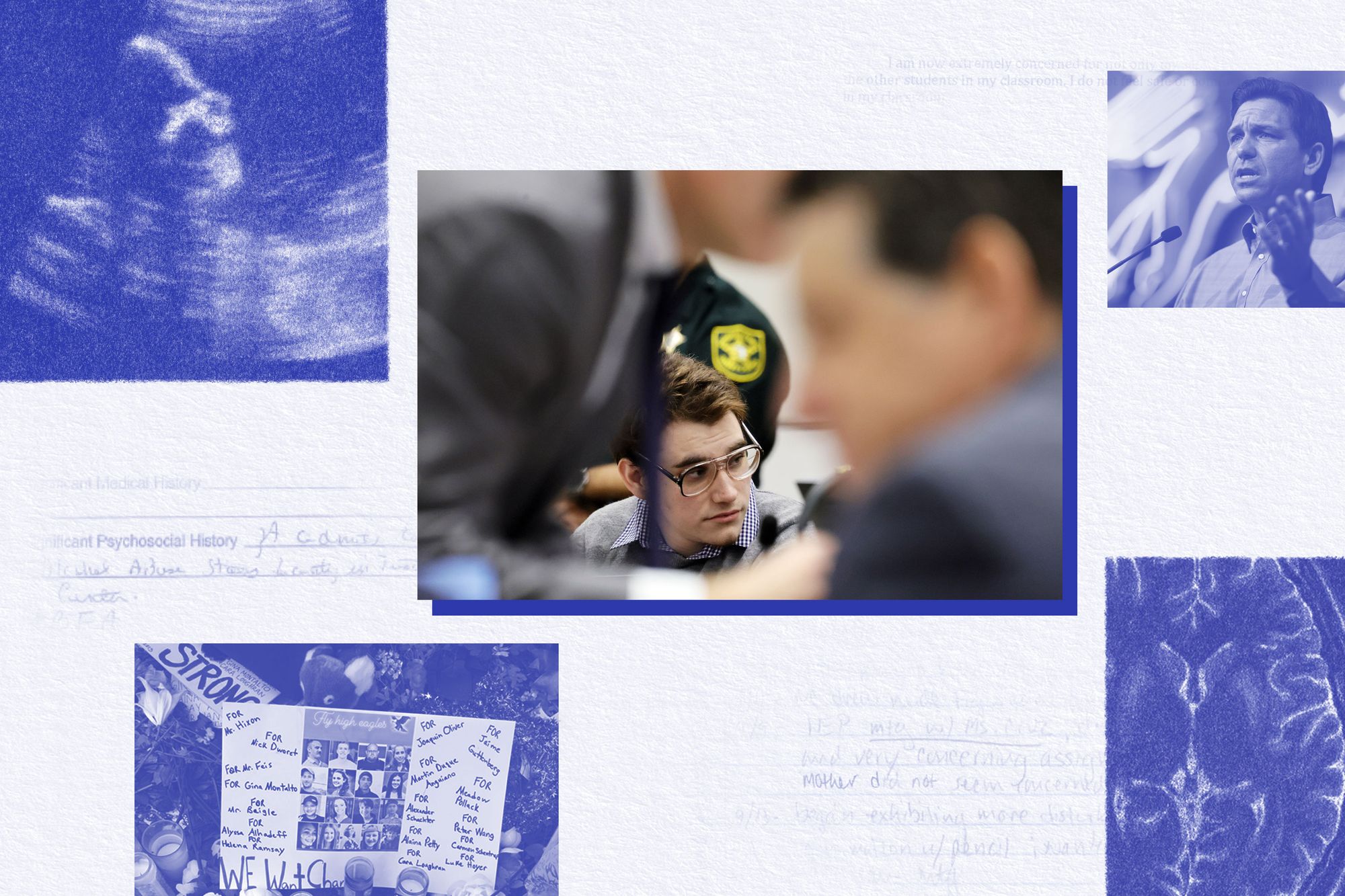 A collage shows a color photo of a young White man with glasses and brown hair looking to the side while sitting down. In the foreground and out of focus, two men speak with each other. Around the photo are illustrations depicting a sonogram and brain scan, and photos of a middle-aged White man at a podium and of a memorial with candles and photos.
