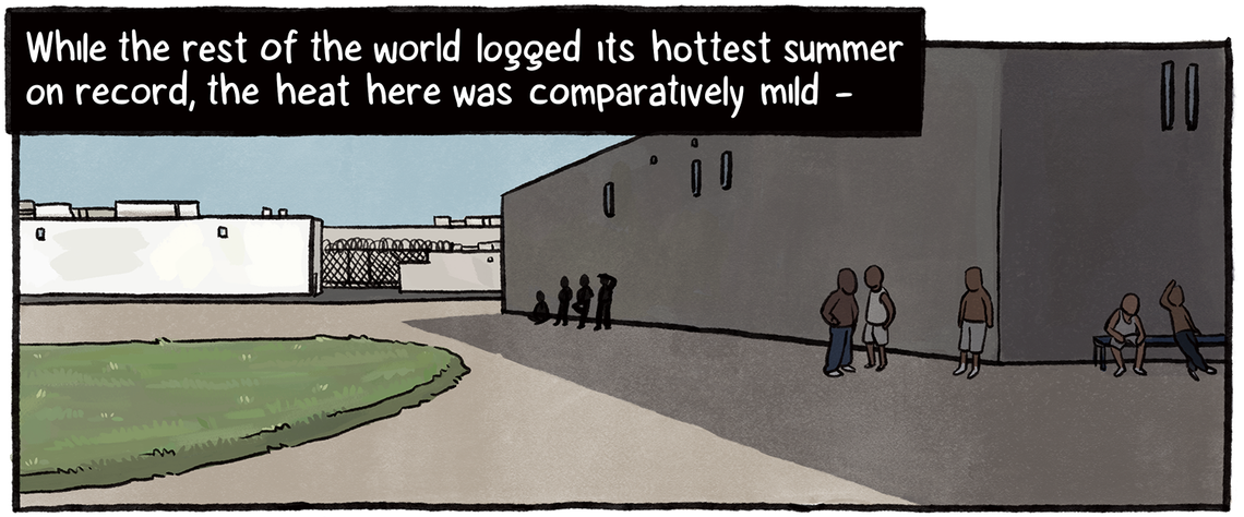 While the rest of the world logged its hottest summer on record, the heat at Corcoran was comparatively mild. Within the complex, people stand in the shadow of the prison building. 
