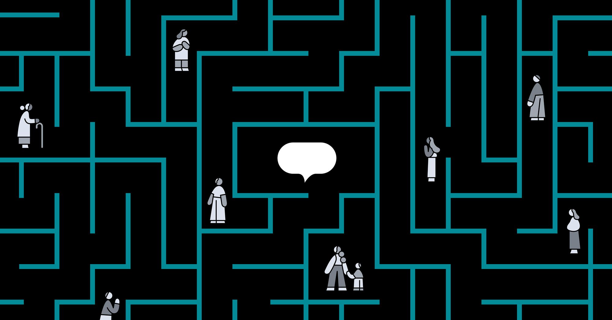 An illustration shows a maze made up of teal blue lines, on a black background. Interspersed in the maze are nine simplified figures of people of different genders and ages. In the center of the maze is a white speech bubble.