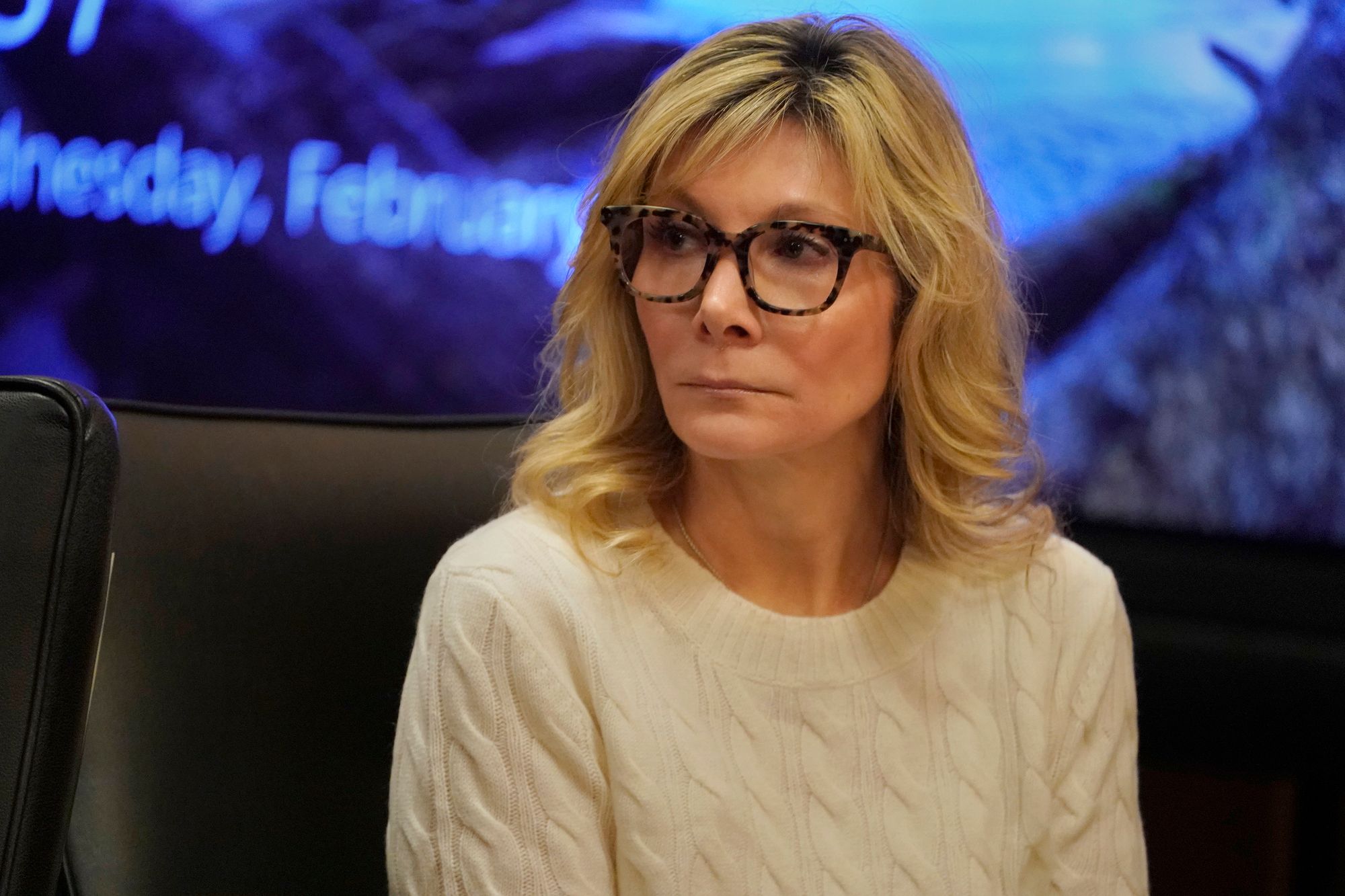 A photo shows Leslie Ann Celebrezze, a White woman with blond hair, wearing an ivory sweater, sitting in front of a large monitor with blue mountains and a lake on it.