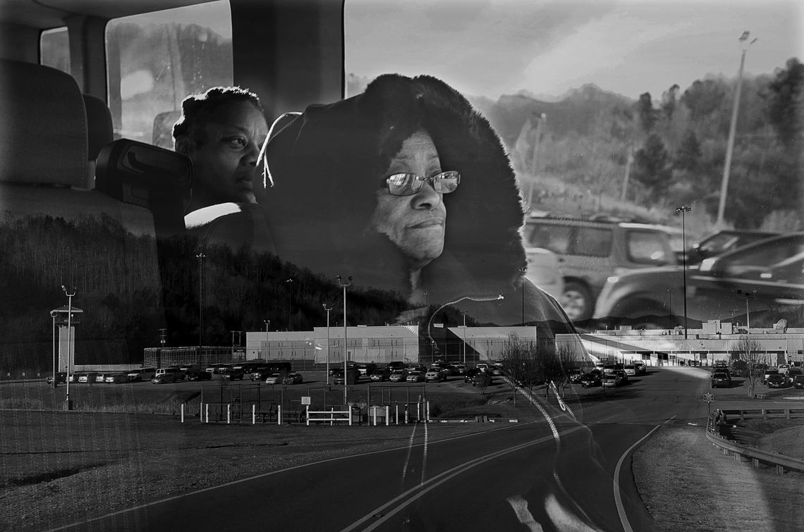 Lessie Gardner, left, and Louise Goode, center, as the van approaches Red Onion State Prison.