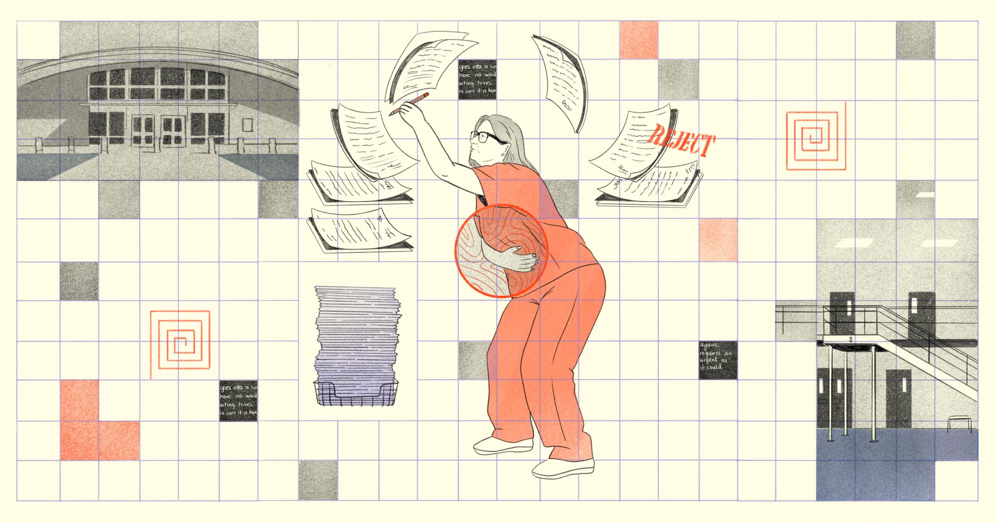 An illustration with a pale yellow background shows, at center, a woman in an orange prison uniform with her right hand on her stomach. She is writing a grievance on sheets of paper that are flying over her head. Over one of the pages is the word "Reject." On the upper left corner, there is a drawing of FCI Aliceville, a prison. On the lower right corner, this is a view of two floors of prison cell doors, with a set of stairs leading up to the second floor. Scattered around the illustration are gray and orange blocks and shapes, and over the entire illustration, there is a grid made up of thin light purple lines.