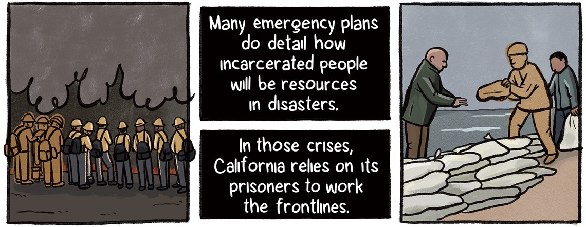 A group of people wearing helmets and backpacks gather next to a cloud of smoke. Next to the scene, people pile sandbags alongside rising waters. A few people in both scenes are highlighted in yellow. California relies on incarcerated people to work the frontlines. Many emergency plans also detail how incarcerated people will be resources in disasters.