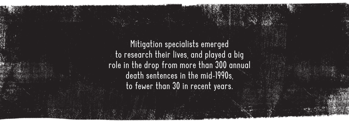 A black box appears, with the words: “Mitigation specialists emerged to research their lives, and played a big role in the drop from 300 annual death sentences in the mid-1990s, to fewer than 30 in recent years.” 