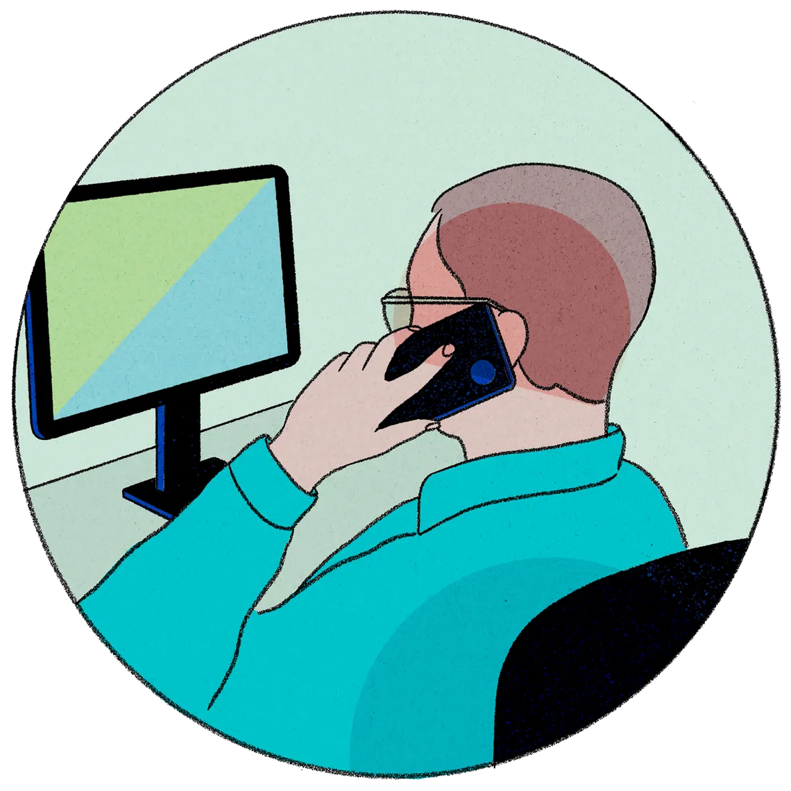 An illustration shows a circle around a scene of a man with light-toned skin receiving a phone call in front of a desktop screen.