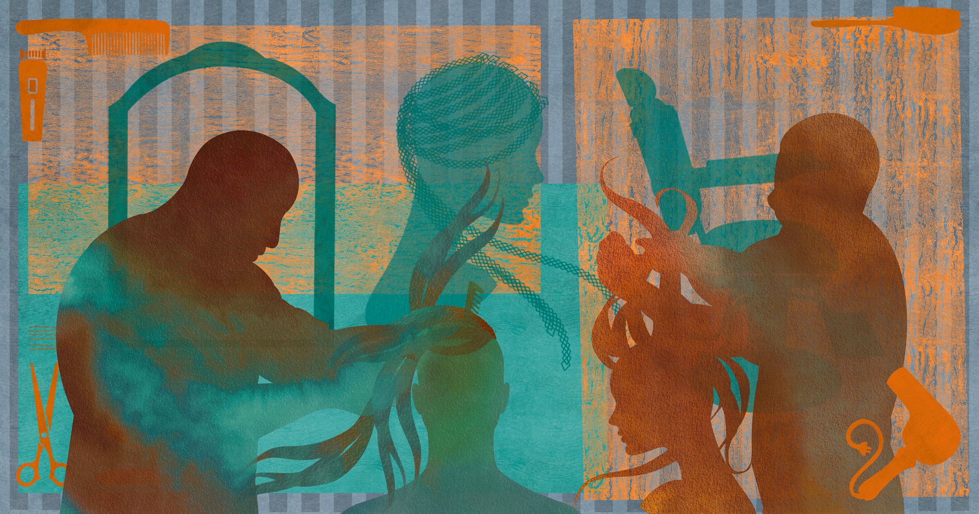 An illustration in shades of orange, teal, brown and gray shows, from left, silhouettes of a man styling the hair of a female mannequin; a profile of a female mannequin with braided hair; and another person styling the hair of a female mannequin. Details of a pair of scissors, a comb, a razor, a barber’s chair and a hair dryer are scattered around the illustration. 