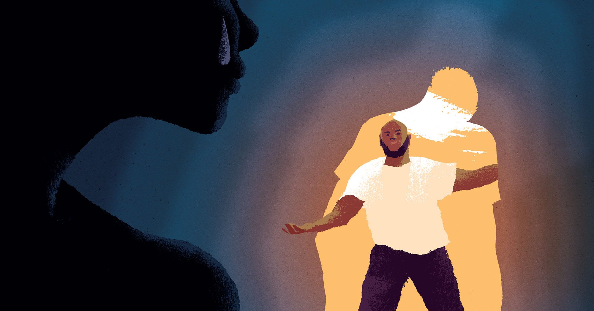 An illustration shows a silhouette of person, with a tear on their cheek, facing to the right. In the background, a Black man in a white T-shirt and black pants leans out of an orange silhouette, reaching forward and offering his hand. 