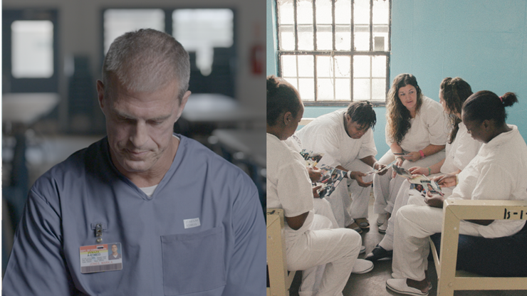 Left: Mark Jones, serving life without parole in a Florida prison. Right: Incarcerated women at Julia Tutwiler Prison for Women in Wetumpka, Alabama. 