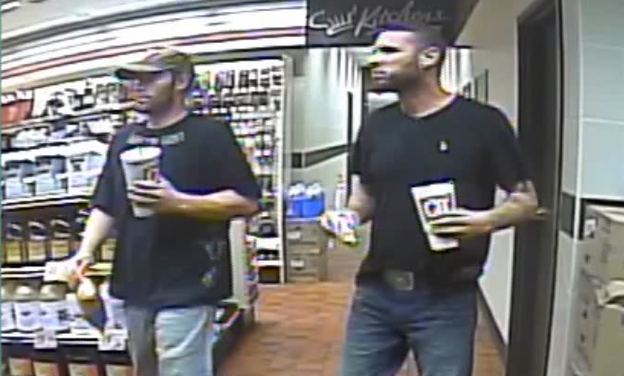 Escaped inmates Darren Walp, 37, left, and Andrew Foy, 32, in a surveillance video from a Quik Trip store in Sapulpa, Okla., on August 23, 2017. 