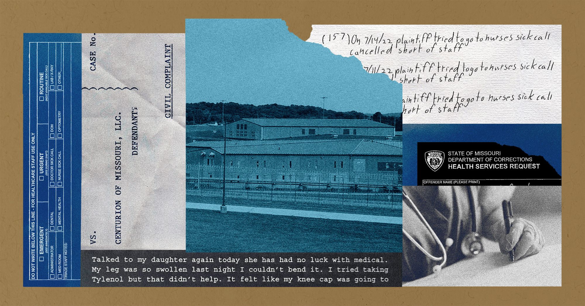 A collage shows images of clippings of a court case, a prison facility and a nurse with a stethoscope writing on a clipboard.