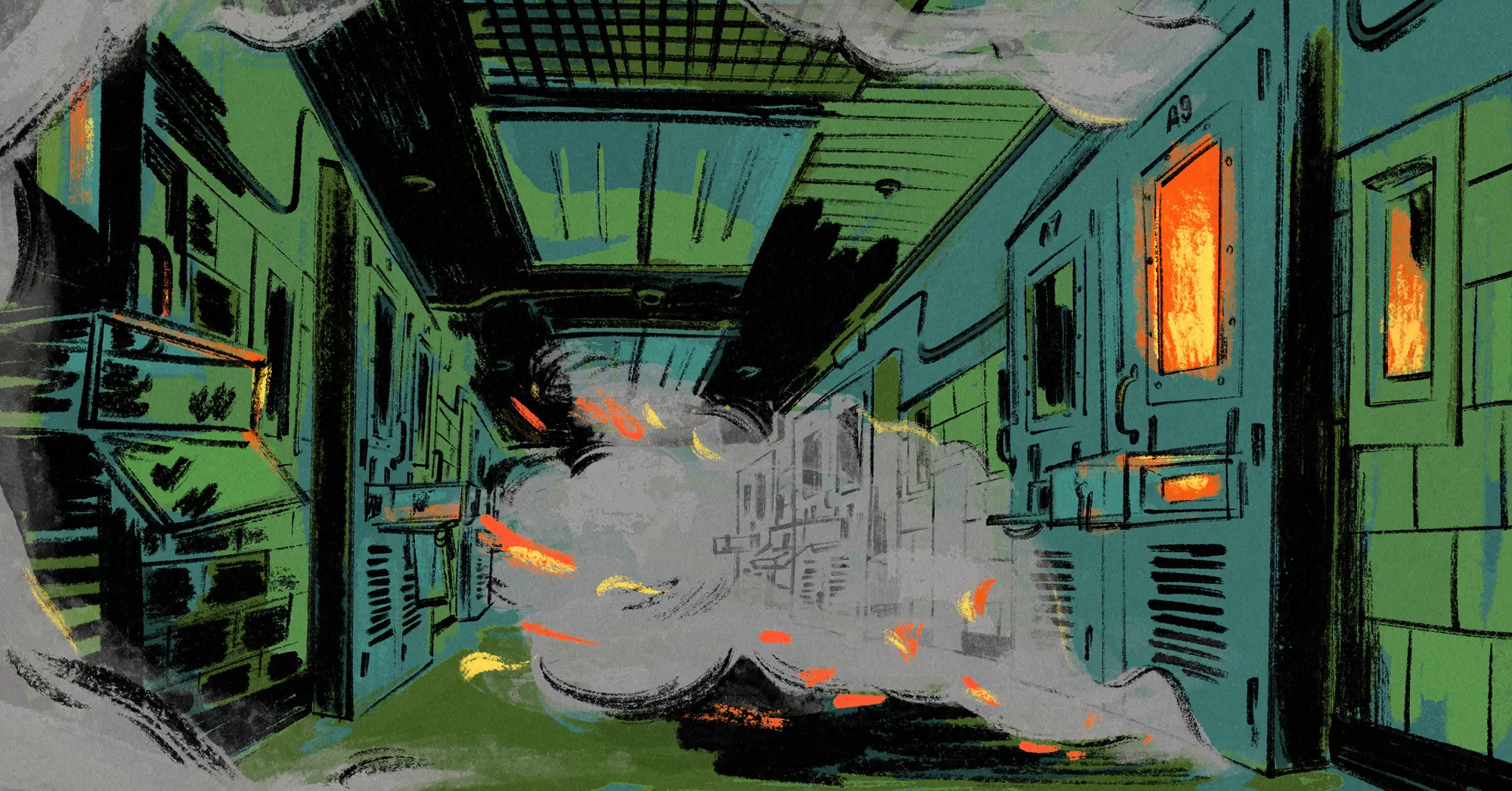 An illustration shows flames behind a prison cell door as smoke billows into a green hallway.