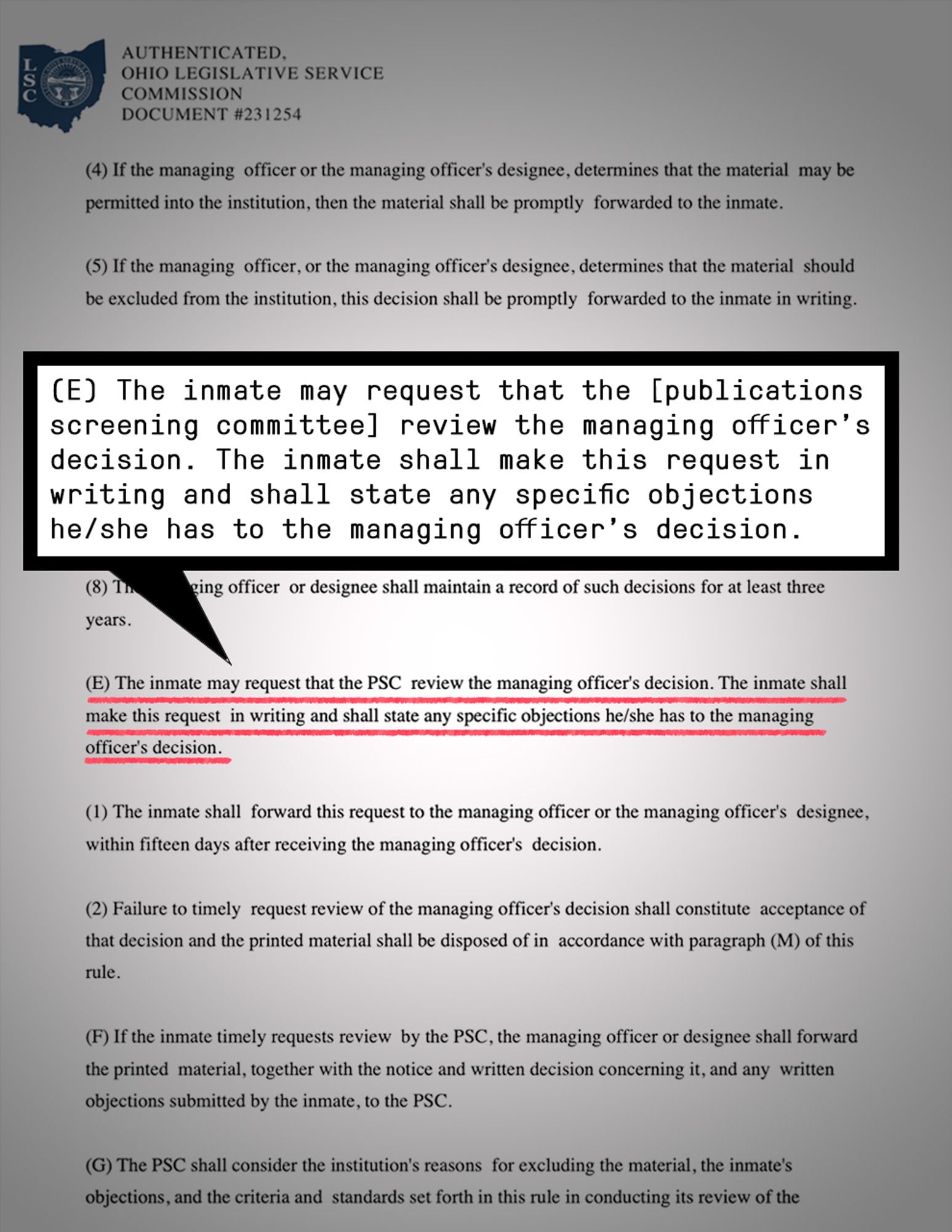 Policy memo with highlighted text that reads: “The inmate may request that the [publications screening committee] review the managing officer’s decision. The inmate shall make this request in writing and shall state any specific objections he/she has to the managing officer’s decision.