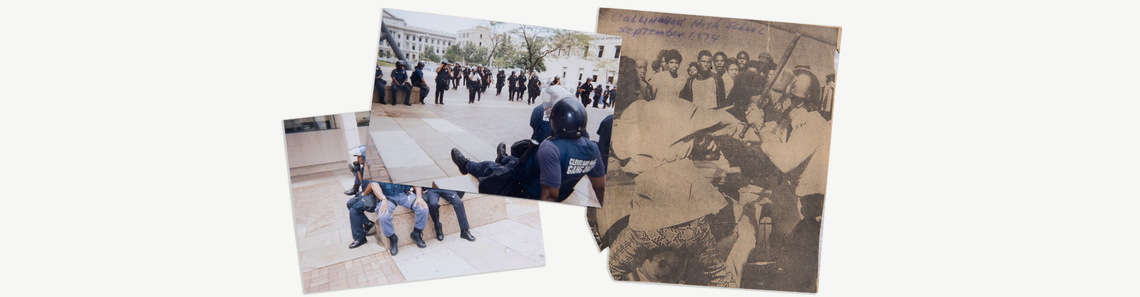 Left, photos of Black police officers guarding a Ku Klux Klan rally in the 1990s; right, a photo of a White police officer beating a Black high school student in the 1970s. 
