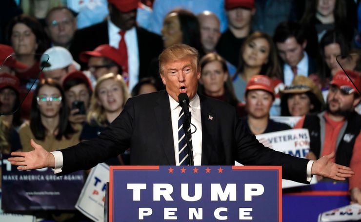 Republican presidential candidate Donald J. Trump speaks at a campaign rally in Grand Rapids, Mich. on election day. 