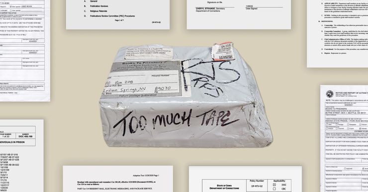 A package of books that was rejected by the Southern Desert Correctional Center in Indian Springs, Nevada, surrounded by printouts of prison policies about receiving reading material and publications from different states. The package has "Too much tape" written in marker on the side.  